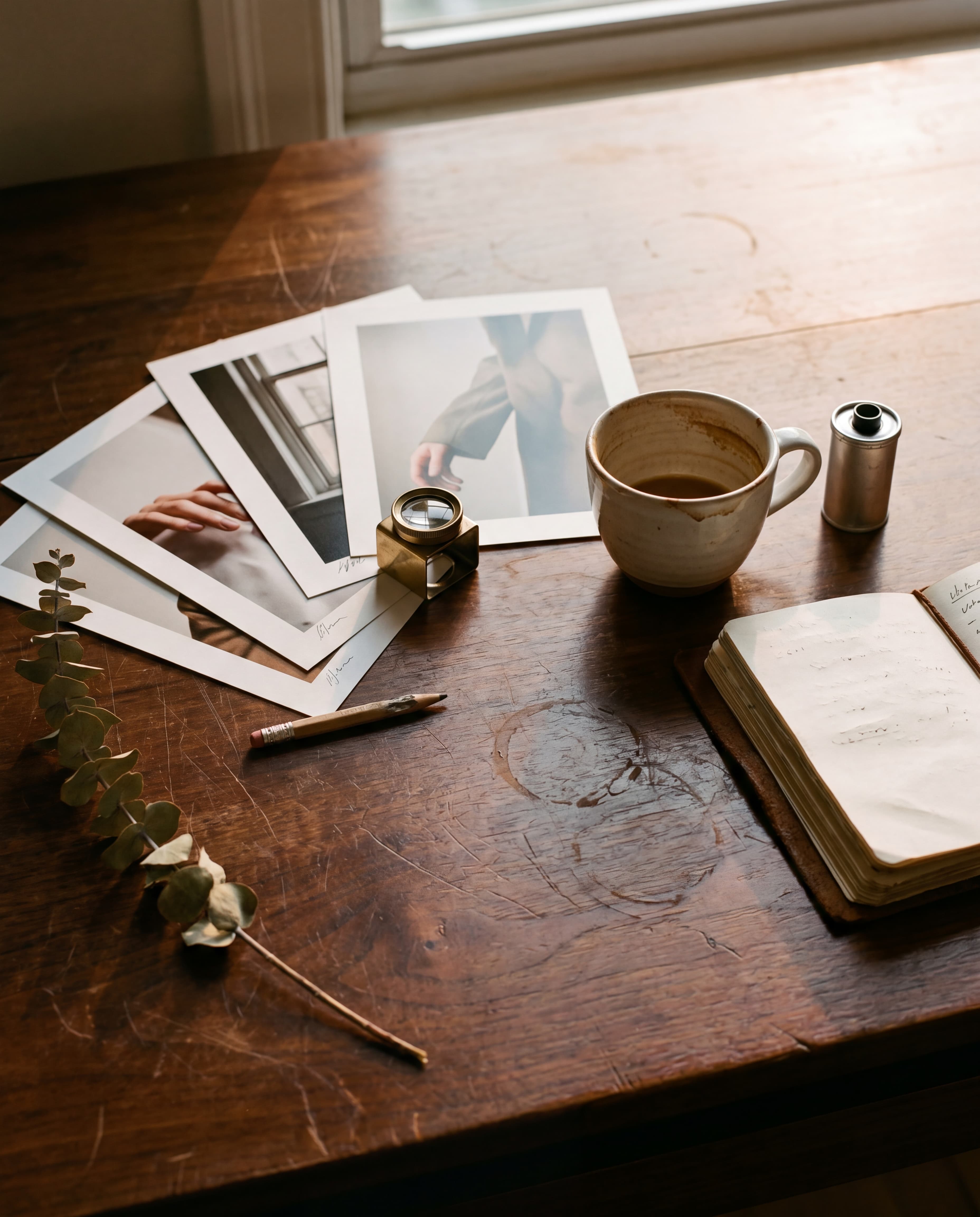 A working studio desk in late afternoon light. Wooden surface with photographic prints, a brass loupe, a coffee mug, an open notebook with handwritten notes, a film canister, and a single stem of eucalyptus.