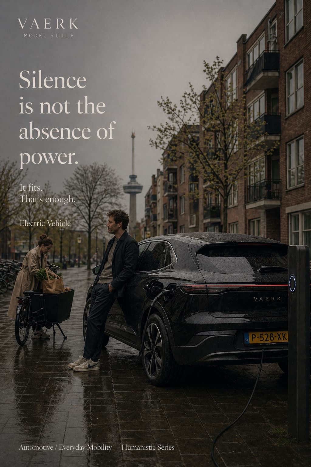Three automotive frames for two brands — the everyday electric of Vaerk in Rotterdam and Osaka, the urban premium of Noctis Eclipse in Thessaloniki — testing whether commercial automotive imagery can resist the genre's pull toward spectacle.