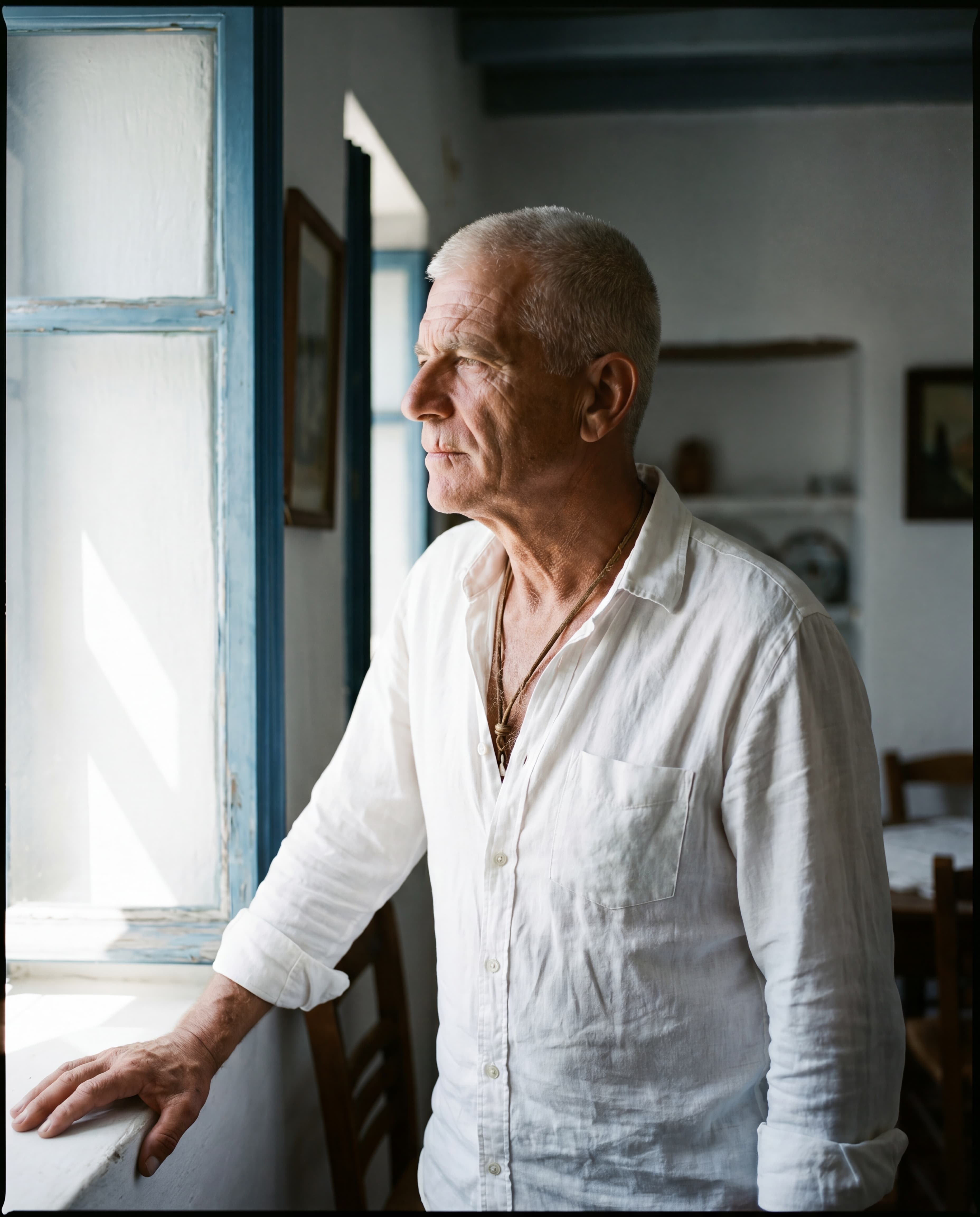 Portrait, against a plain wall