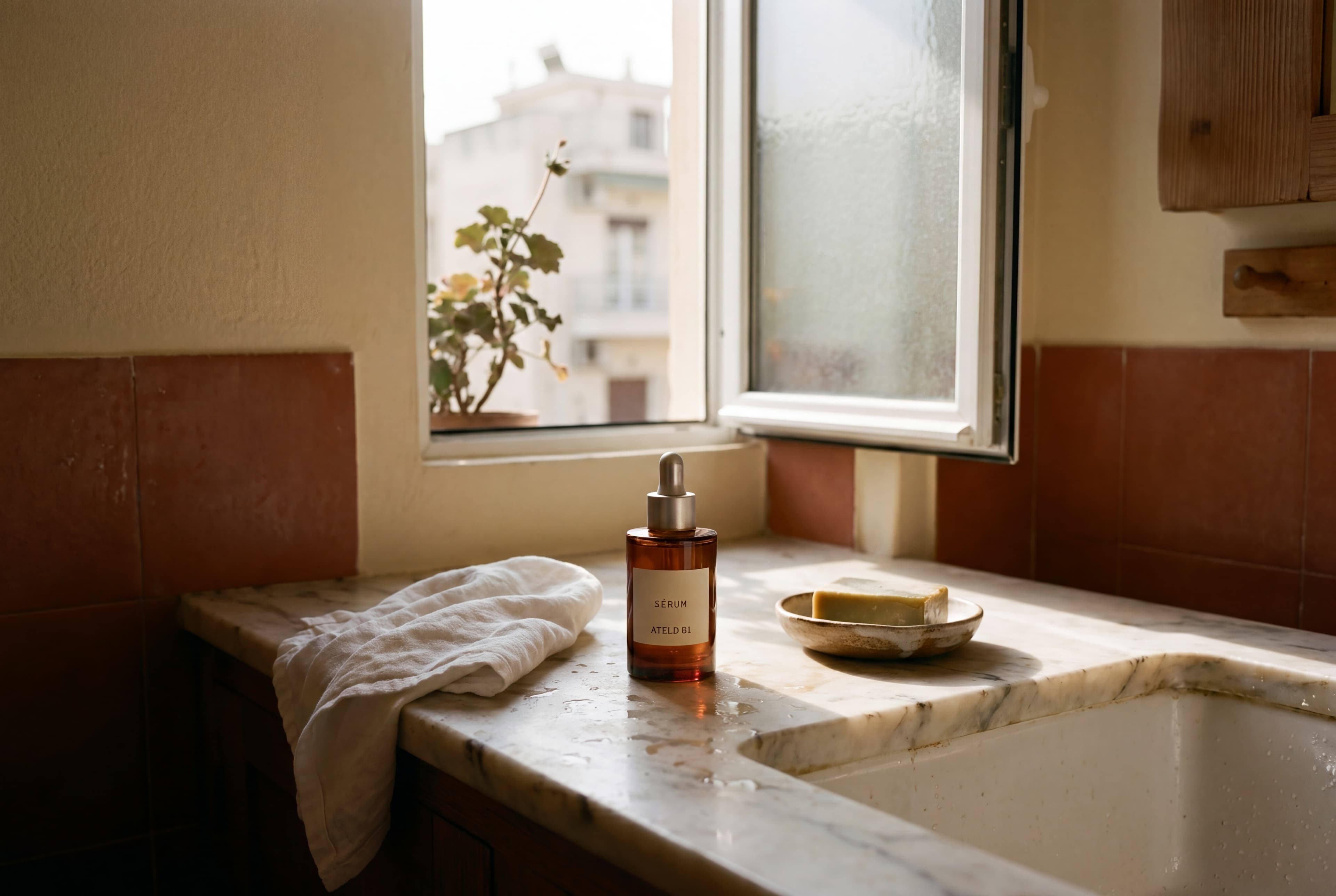 Niwa product on a windowsill, late afternoon, Athens