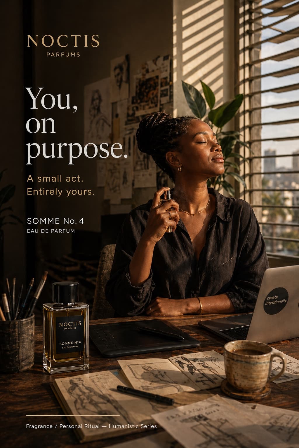 A Lagos designer at her desk, paused between drawings, applying fragrance to her wrist